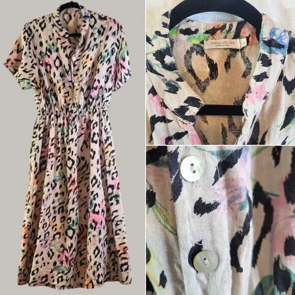 Anna Melani Italy 100% Linen Leopard Floral Button Up MIDI Dress Size Large - Picture 2 of 9
